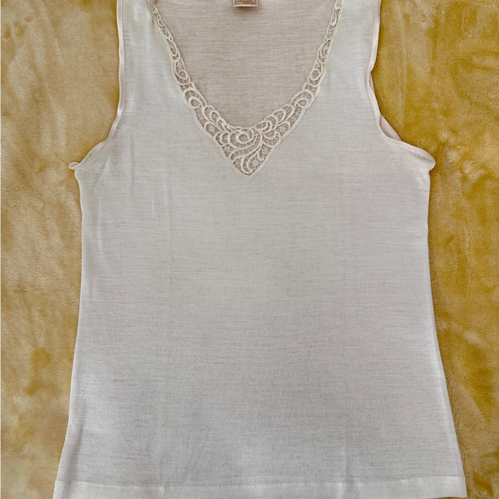 LANA SETA Italian Elegant Cream Lace Trim Wool Silk Tank Top Size 4 Small